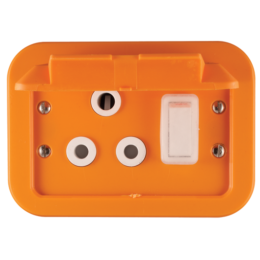 Crabtree Classic Industrial Single Switched STD Socket 164-1 on Weatherproof Surface Box, Orange