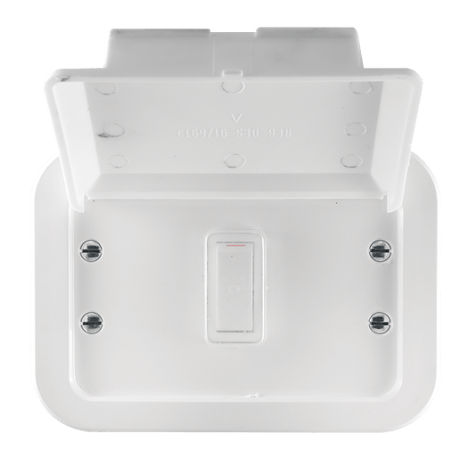 Classic Industrial 1 Lever 2 Way Switch on 119×83 Weatherproof Surface Box White