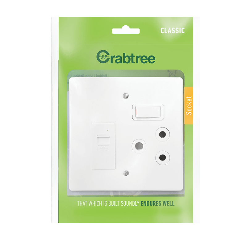 Crabtree Classic USB Combo Socket 1×164-1 with 5V/2.1A Output and Steel Coverplate