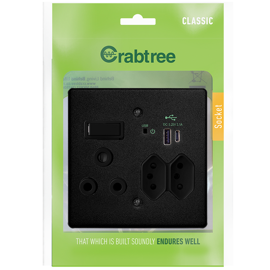 Crabtree Classic USB “A+C” 16A Combo Socket Monoblock with Coverplate, Ferro Grain Design