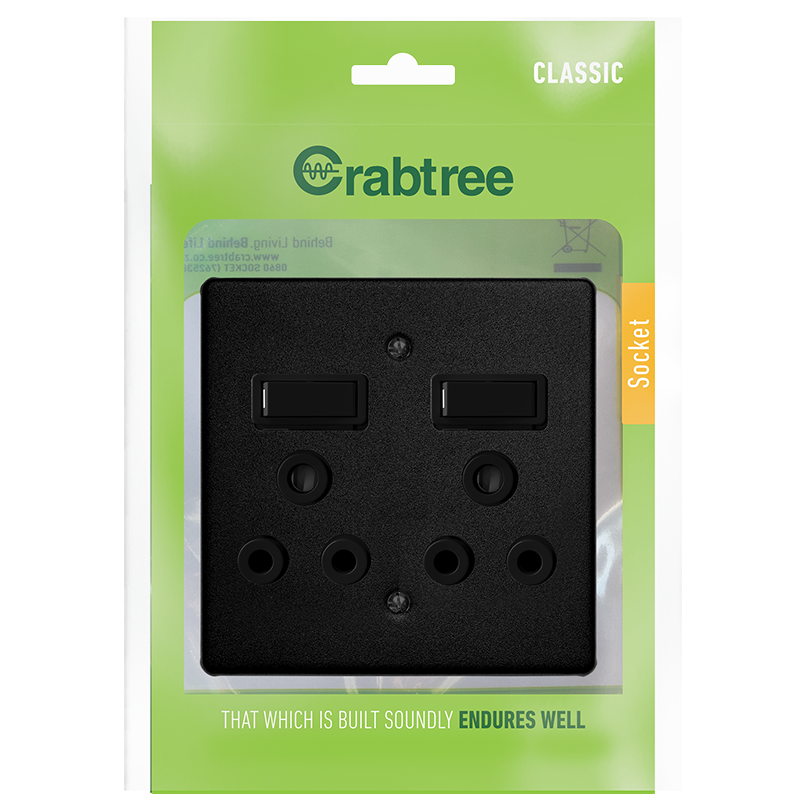 Crabtree Classic Double Switched Socket with Coverplate, 100x100 Ferro Grain Design