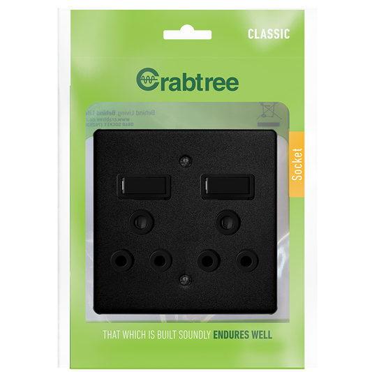 Crabtree Classic Double Switched Socket with Coverplate, 100x100 Ferro Grain Design