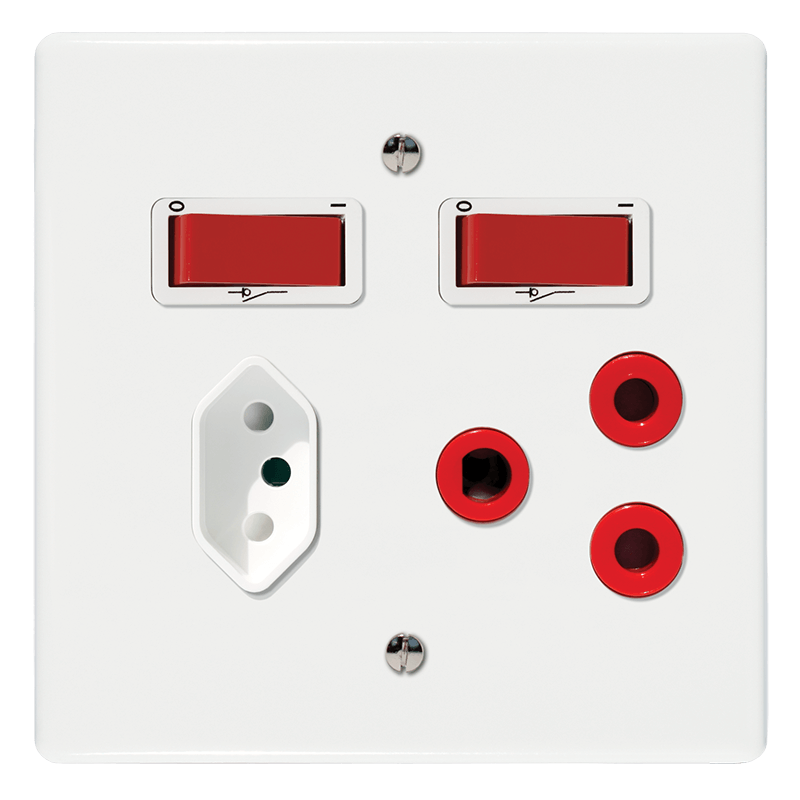 Crabtree Classic Combo Dedicated Socket 164-4 Red and Isolated 164-2 Socket White with Double-Pole Switched Red on 4×4 Yoke