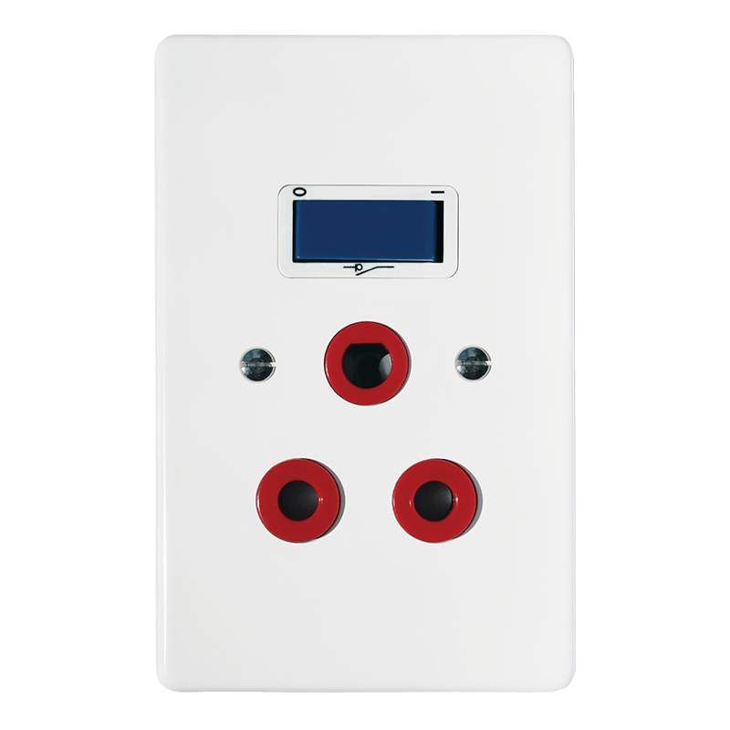 Crabtree Classic Single Dedicated 164-4 Socket with Red Double-Pole Switch and Blue Yoke on White Coverplate