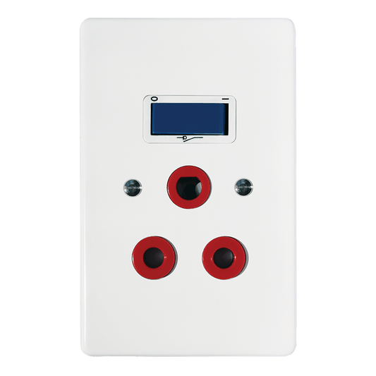 Crabtree Classic Single Dedicated 164-4 Socket with Red Double-Pole Switch and Blue Yoke on White Coverplate