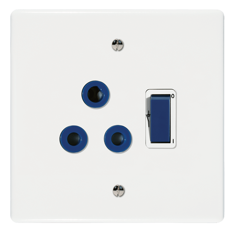 Crabtree Classic Single Isolated STD 164-1 Double-Pole Switched Socket with Blue 4x4 Yoke and White Coverplate