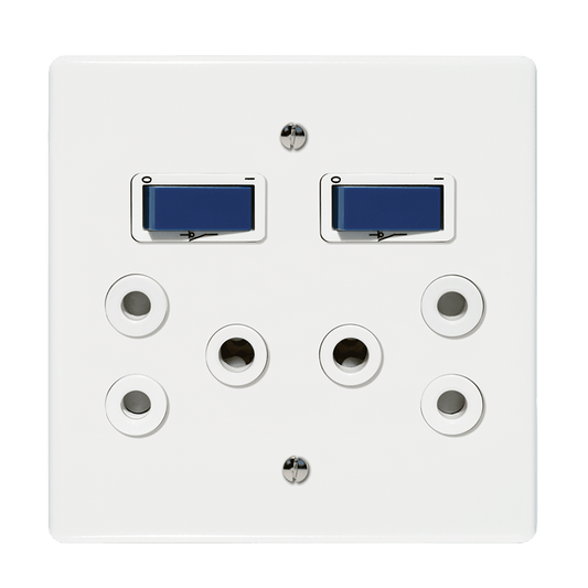 Crabtree Classic Double Isolated STD Socket 164-1, Double-Pole Switched with Blue Indicator on 4x4 Yoke and White Coverplate