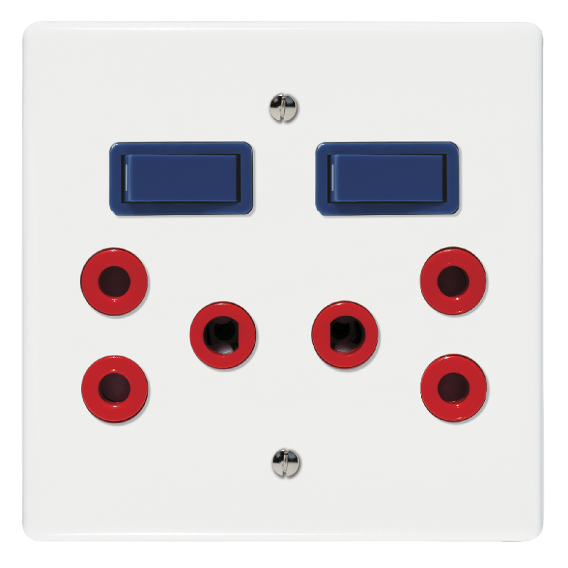 Crabtree Classic Double Dedicated Socket 164-4 with Red Sockets and Blue Switches on 4x4 Yoke and Coverplate