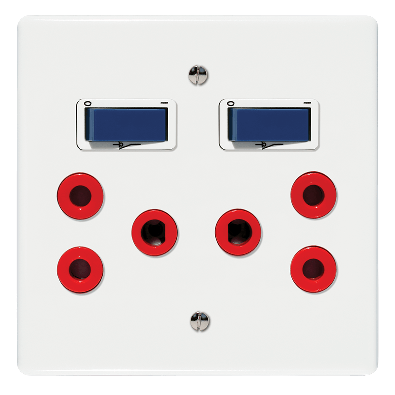 Crabtree Classic Double Dedicated Socket 164-4 Red Double-Pole Switched Blue with White Coverplate on 4×4 Yoke