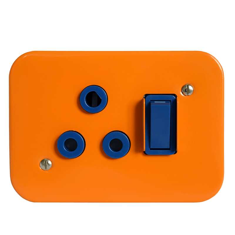 Crabtree Classic Industrial Single Dedicated Socket 164-4 Switched Blue on Orange Surface Box