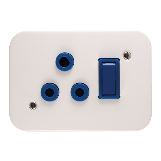 Crabtree Classic Industrial Single Dedicated Switched Socket 164-4 Blue on 119×83 White Surface Box