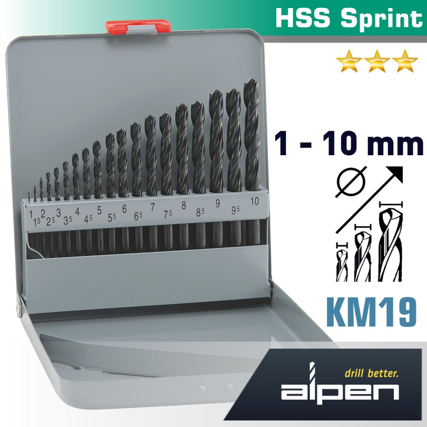 Alpen Hss Sprint Drill Bit Set 19 Piece 1-10 X 0.5Mm In Metal Case