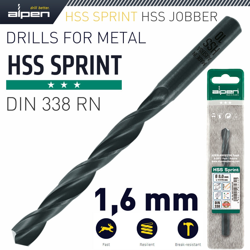 Alpen Hss Sprint Drill Bit 1.6Mm 1/Pack