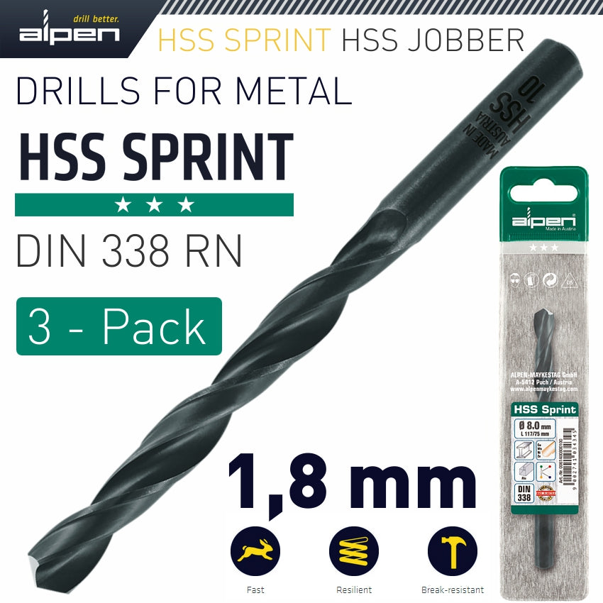 Alpen Hss Sprint Drill Bit 1.8Mm 3/Pack
