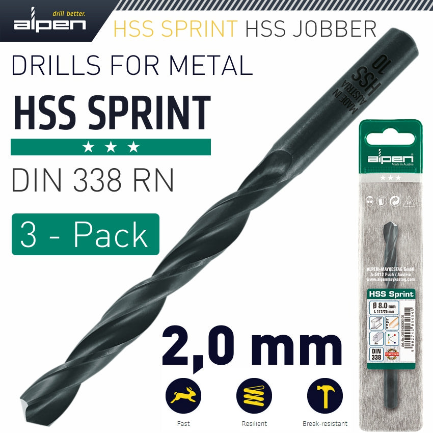 Alpen Hss Sprint Drill Bit 2Mm 3/Pack