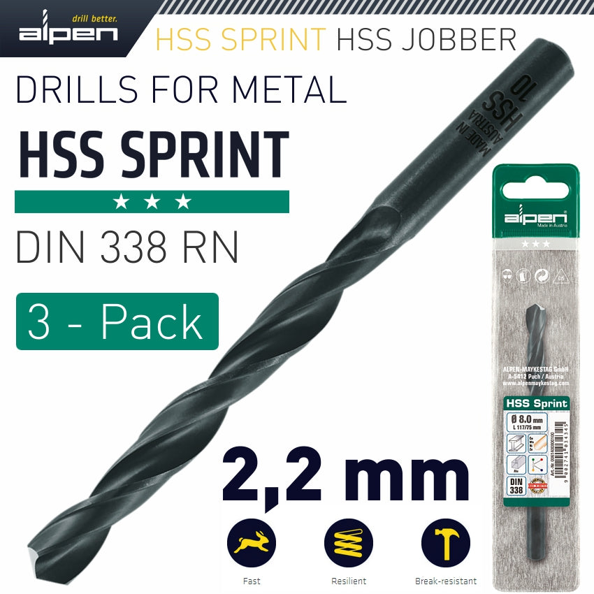 Alpen Hss Sprint Drill Bit 2.2Mm 3/Pack