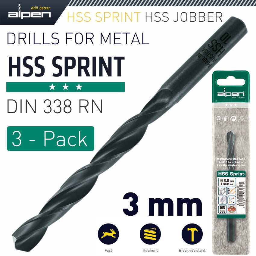 Alpen Hss Sprint Drill Bit 3Mm 3/Pack