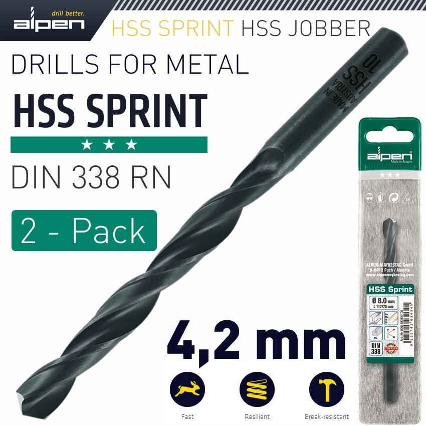 Alpen Hss Sprint Drill Bit 4.2Mm 2/Pack
