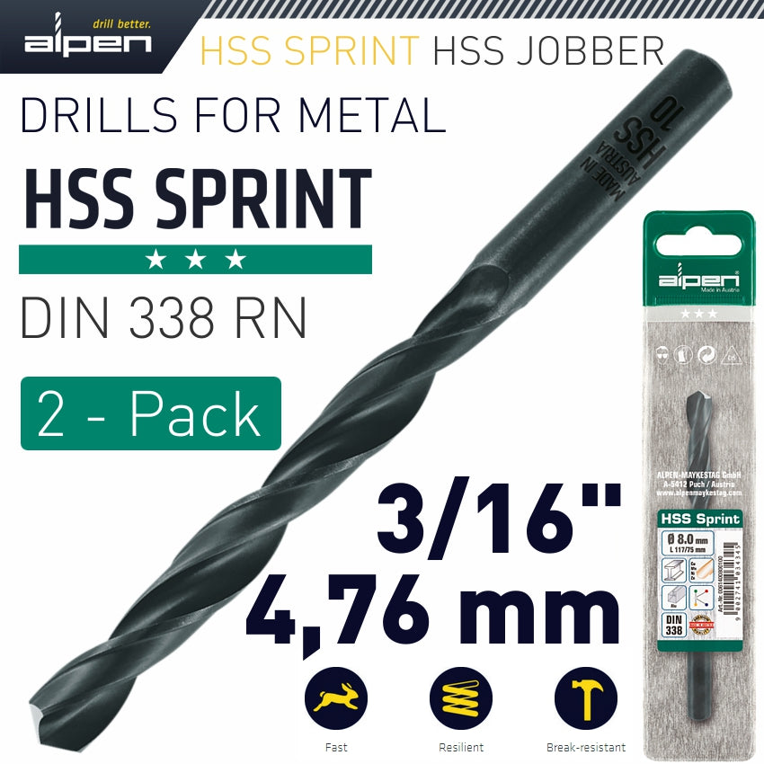 Alpen Hss Sprint Drill Bit 3/16' 2/Pack