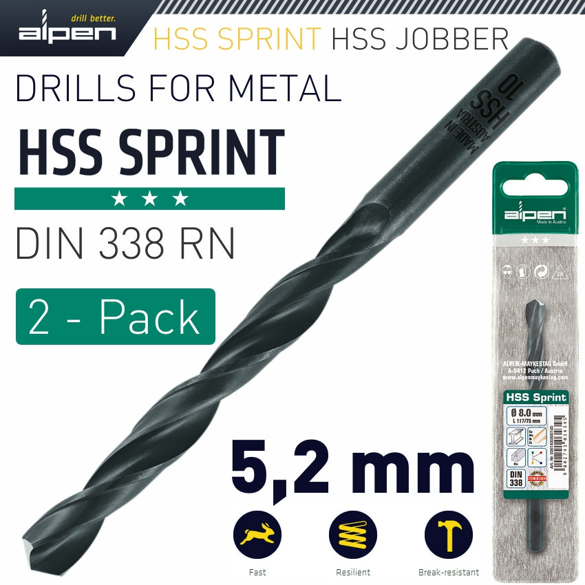 Alpen Hss Sprint Drill Bit 5.2Mm 2/Pack