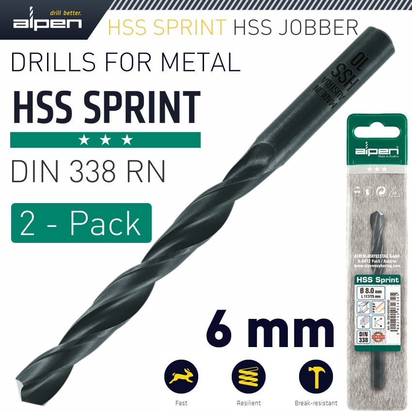 Alpen Hss Sprint Drill Bit 6Mm 2/Pack