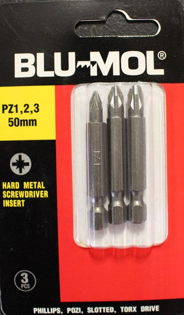 Blu-Mol Screw Driver Bit S2 Pz1 2 3X50Mm 3Pc