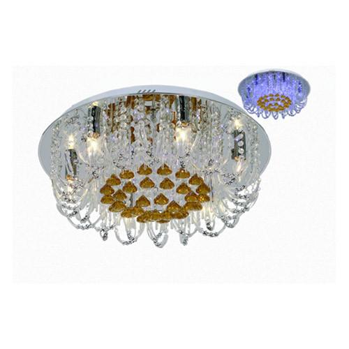 Polished Chrome Flush Mount Ceiling Fitting With Clear And Amber Crystals And Blue Leds