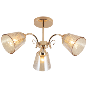 Brightstar Gold Metal Chandelier with Amber Patterned Glass, 3-Light Fitting