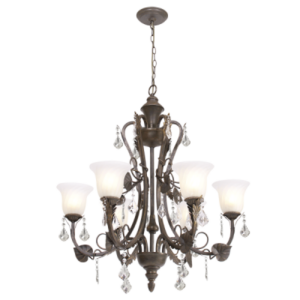 Brightstar Elegant Brown Gold Metal Chandelier with Fluted Alabaster Glass and Crystal Drops