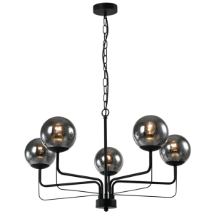 Brightstar CH703 Black Metal Chandelier with Smokey Glass, 5-Light Design