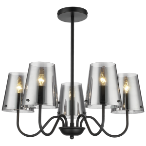 Brightstar Matt Black Metal Chandelier with Five Smoky Glass Shades