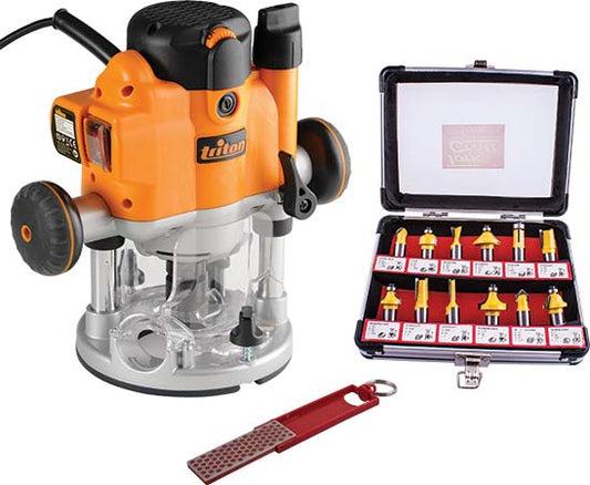Triton Plunge Router. Dmt Mini  Fine Key Ring. 12 Piece Router Bit Set