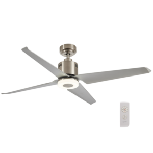 Brightstar FCF059 Satin Nickel Ceiling Fan with 4 Silver Blades, Remote Control, and Changeable LED Light