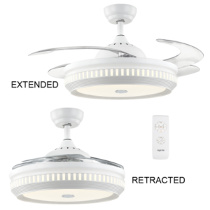 Brightstar FCF062 White 42-Inch Ceiling Fan with Retractable Blades, LED Light, and Bluetooth Speaker