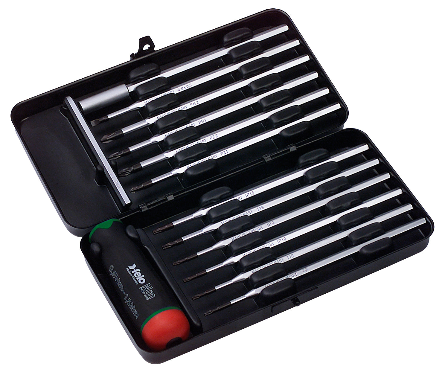Felo 100 Tor. S/Driver Set 14Pcs 0.6-1.5Nm Green Metal Case