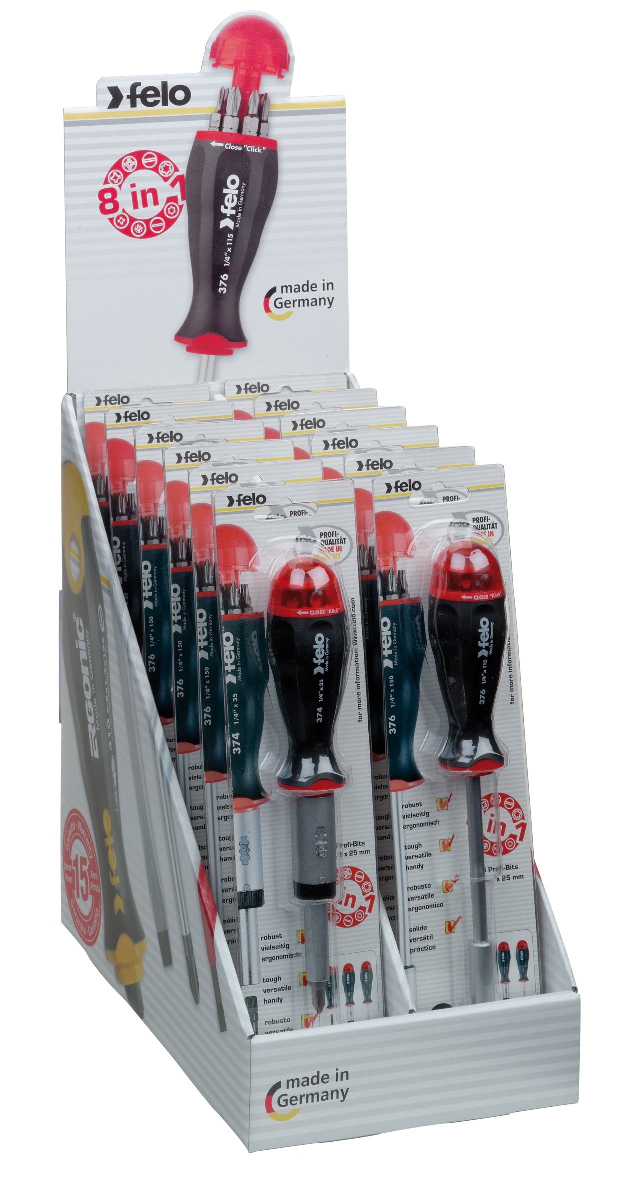 Felo 376 1/4'F Bit Holder Displ. Set 12Pc S/Driver Mag. Handle Display