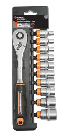 Socket Set Groz Hex 1/2" Dr 11Pc 8Mm-24Mm