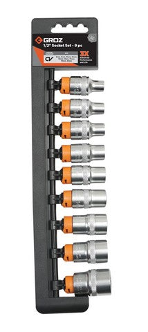 Socket Set Groz Hex 1/2" Dr 9Pc 8Mm-22Mm