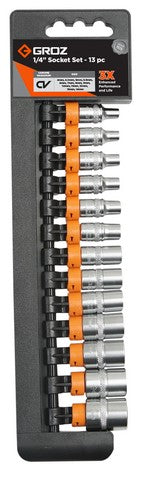 Socket Set Groz Hex 1/4" Dr 13Pc 4Mm-14Mm