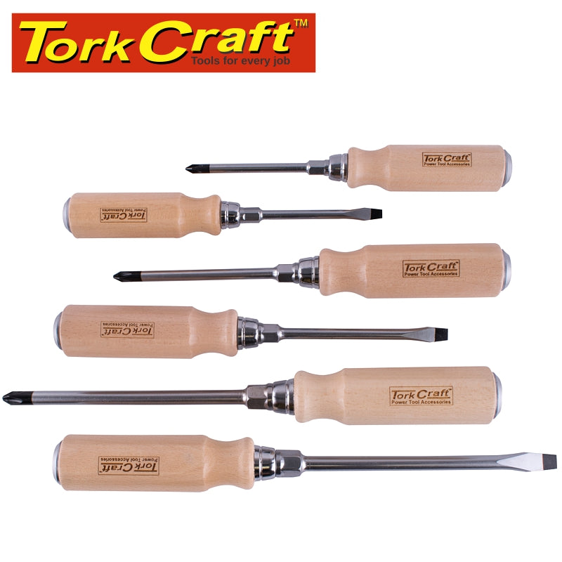 Screwdriver Set 6Pce Wooden Handle Hammer Use & Hex Spanner Grip