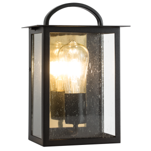 Brightstar L579 Black/Gold Metal Half Lantern with Clear Speckled Glass and Inner Gold Reflector