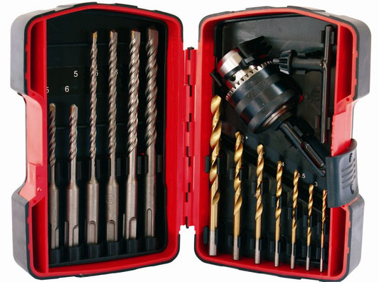 Drill Bit Sds & Hss Tin & 13Mm Chuck & Key Set 15Pc In Plastic Case