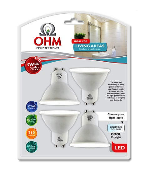 OHM LED GU10 3W GLOBE CDL 4PACK
