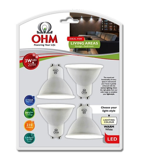 OHM LED GU10 3W GLOBE WARM WHITE 4PACK