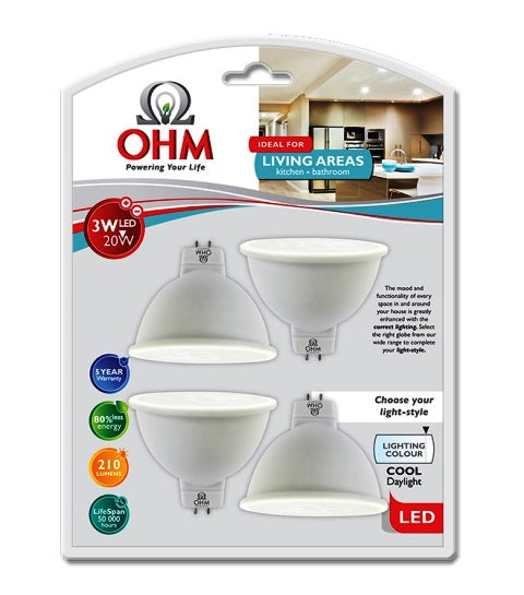 OHM LED MR16 3W GLOBE CDL 4PACK