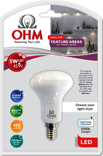 OHM LED R50 5W GLOBE CDL E14 SES