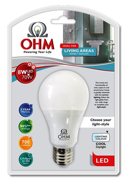 OHM LED A60 8W GLOBE CDL E27 ES