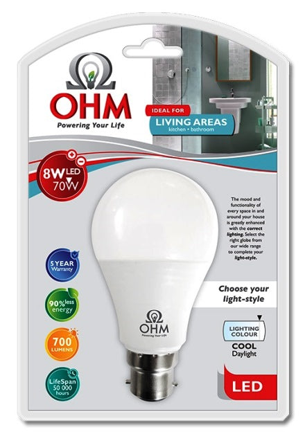 OHM LED A60 8W GLOBE CDL B22 BC