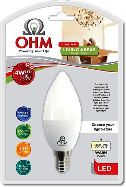 OHM LED 4W CANDLE GLOBE WARM WHITE E14 SES