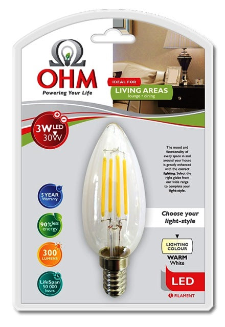 OHM LED 3W CANDLE FILAMENT GLOBE E14